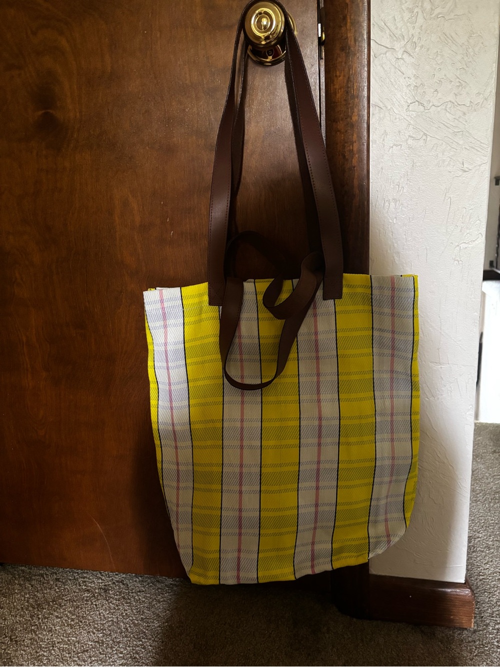 Free People Yellow Striped Tote Bag with Brown Handles - Women Bags